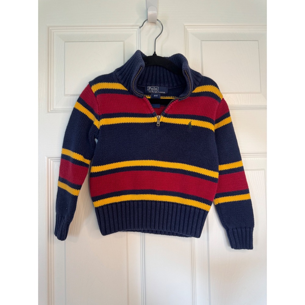 Polo Ralph Lauren Toddler Boys 3T Quarter Zip Striped Sweater Navy Red Yellow